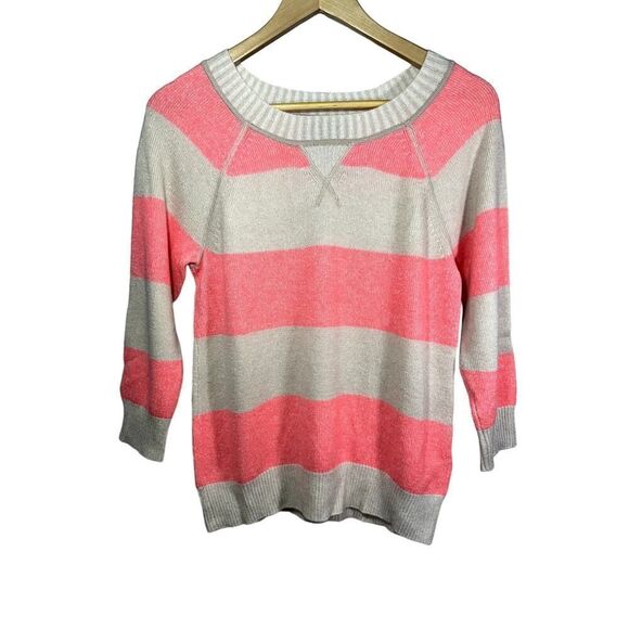 J. CREW Women's Striped 3/4 Sleeve Cashmere Sweater Coral/Cream Size Small - Picture 1 of 10